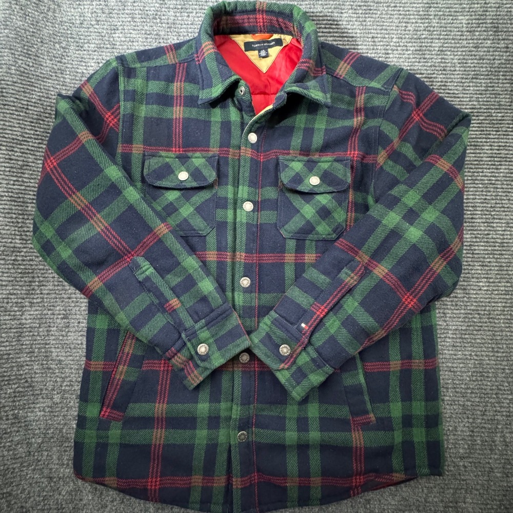 Tommy Hilfiger Mens L Plaid Flannel Shirt Jacket Quilted Lined Snap Shacket